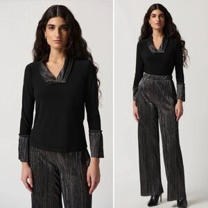 JOSEPH RIBKOFF Metallic Black & Silver Statement Sleeves Top Size 8